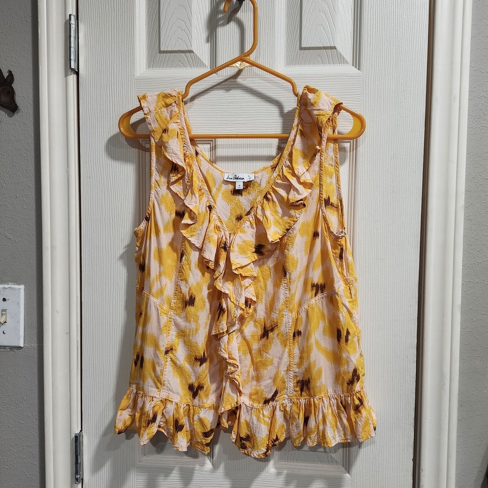 Sam Edelman Blouse Womens M Pink Yellow Floral Ruffle Peplum Tank Top